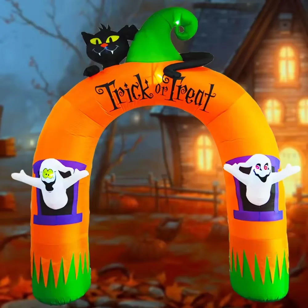 10FT Giant Inflatable Arch with Black Cat and Ghosts Outdoor Patio Lawn Halloween Inflatable Decorations