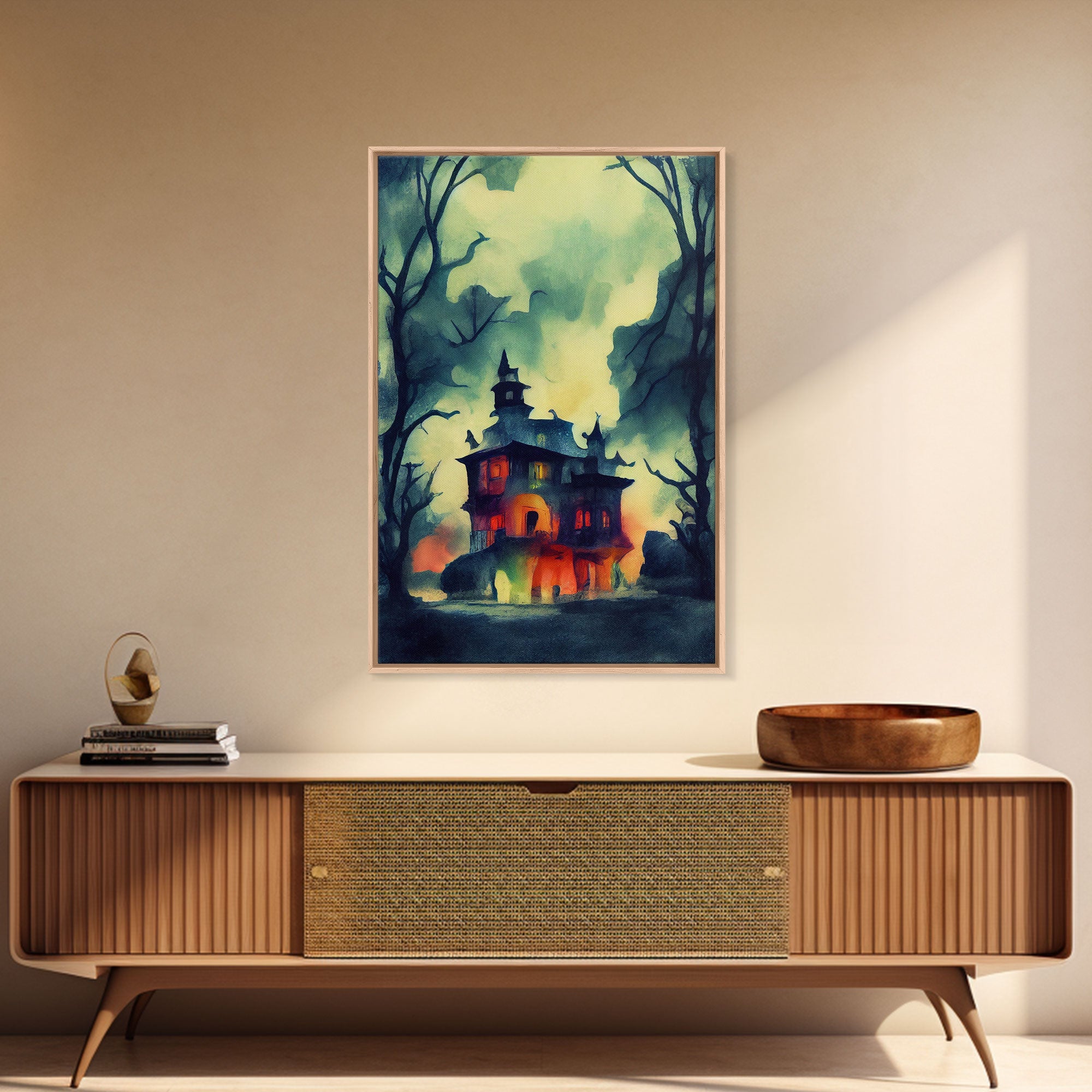 Spooky Watercolor of a Haunted House, Halloween Art, Framed Canvas Print, Ready To Hang Framed Wall Art, Living Room Wall Decor