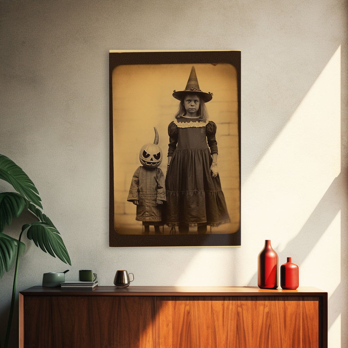 Cursed Art, Little Witch and Her Jack O' Lantern Familiar, Victorian Tintype Spooky Art, Halloween Decor, Halloween Canvas Print