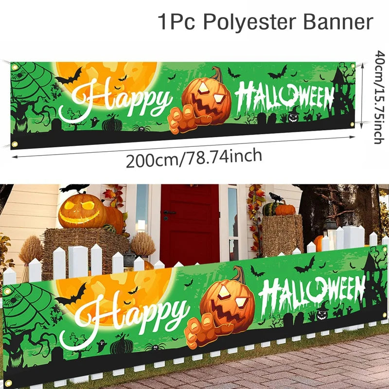 Retro Happy Halloween Banner Bloody Bat Pumpkin Ghost Print Party Backdrop Hanging Banner Halloween Party Decorations For Home