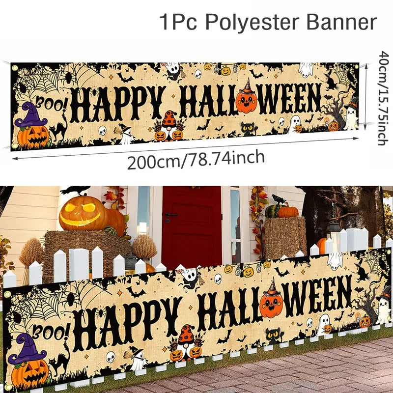 Retro Happy Halloween Banner Bloody Bat Pumpkin Ghost Print Party Backdrop Hanging Banner Halloween Party Decorations For Home