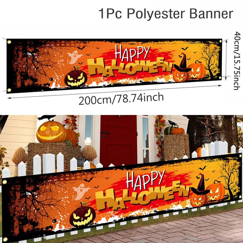 Retro Happy Halloween Banner Bloody Bat Pumpkin Ghost Print Party Backdrop Hanging Banner Halloween Party Decorations For Home