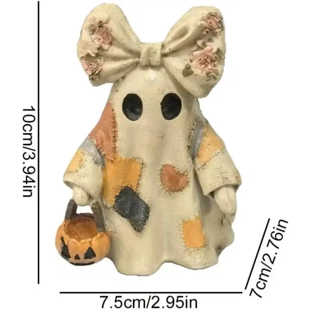1 Piece of Vintage Patchwork Witch Hat Ghost Resin Ornament, with Pumpkin Lantern Basket, Floral Bow Statue, Rustic Autumn Gothic Style Halloween Home Decoration, Suitable for Fireplace Mantel, Shelves, Desks, Bookshelves, Di