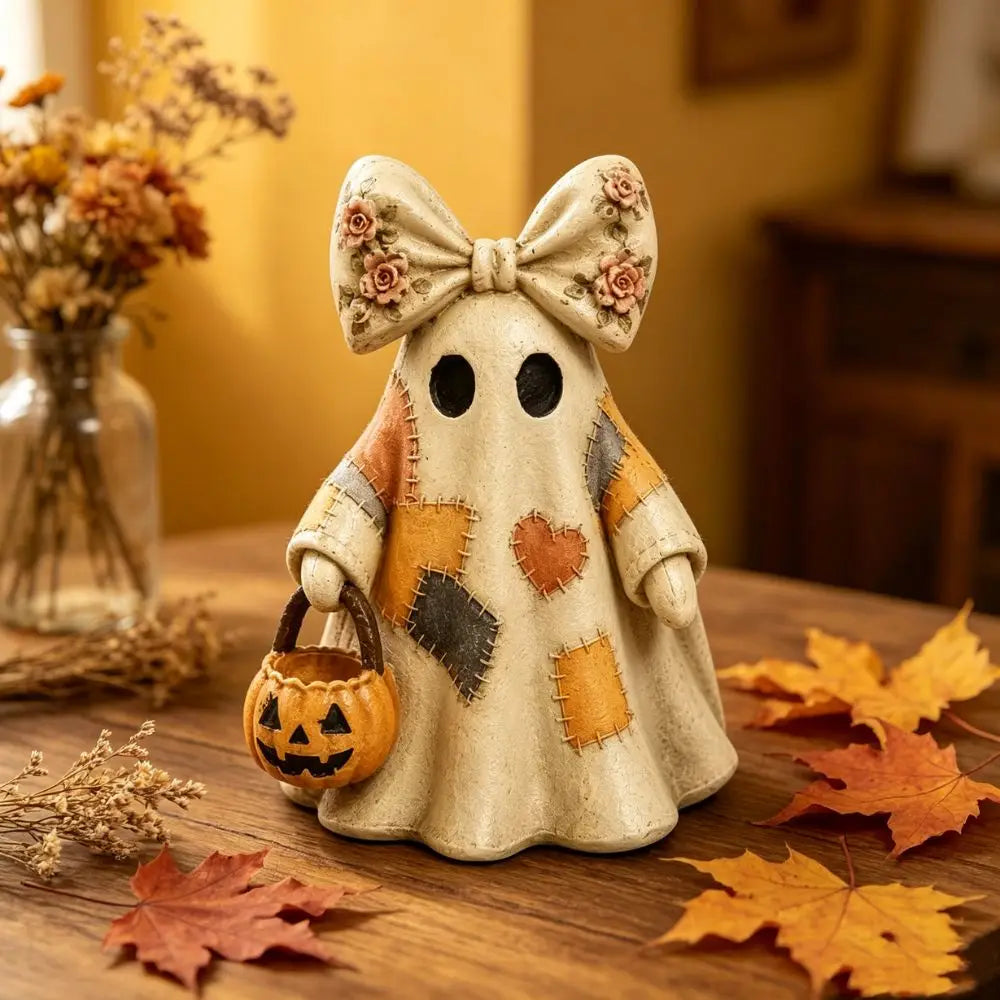 1 Piece of Vintage Patchwork Witch Hat Ghost Resin Ornament, with Pumpkin Lantern Basket, Floral Bow Statue, Rustic Autumn Gothic Style Halloween Home Decoration, Suitable for Fireplace Mantel, Shelves, Desks, Bookshelves, Di