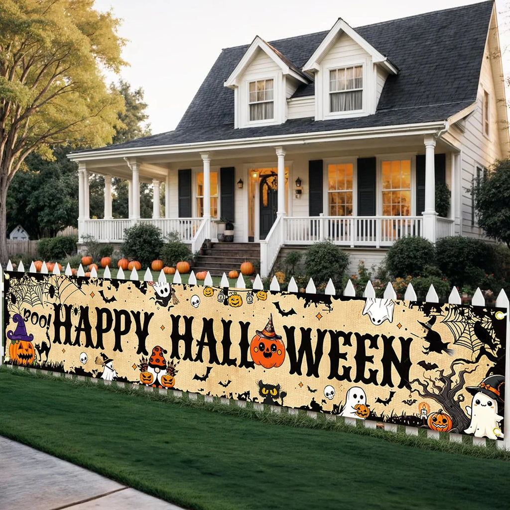 Retro Happy Halloween Banner Bloody Bat Pumpkin Ghost Print Party Backdrop Hanging Banner Halloween Party Decorations For Home