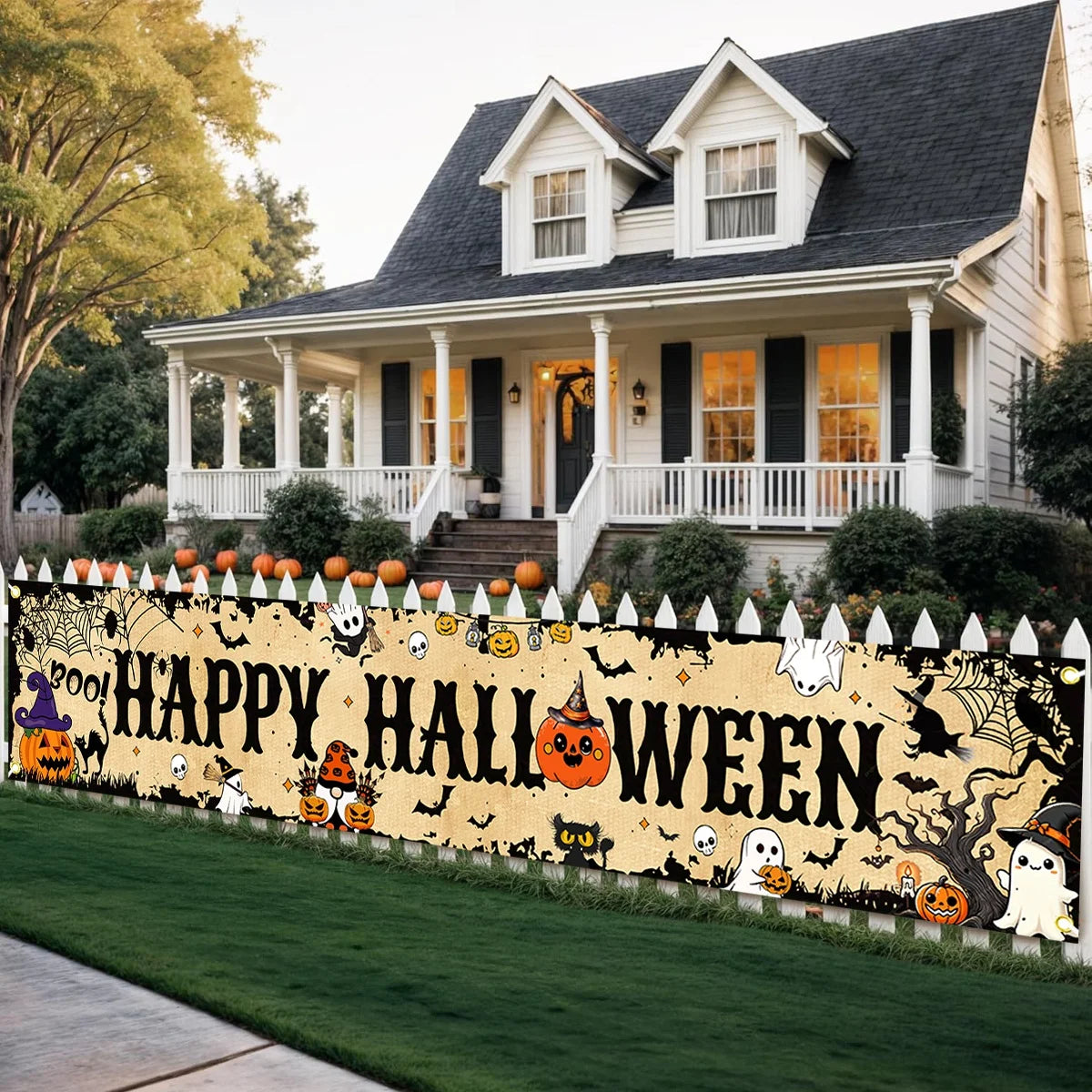 Retro Happy Halloween Banner Bloody Bat Pumpkin Ghost Print Party Backdrop Hanging Banner Halloween Party Decorations For Home