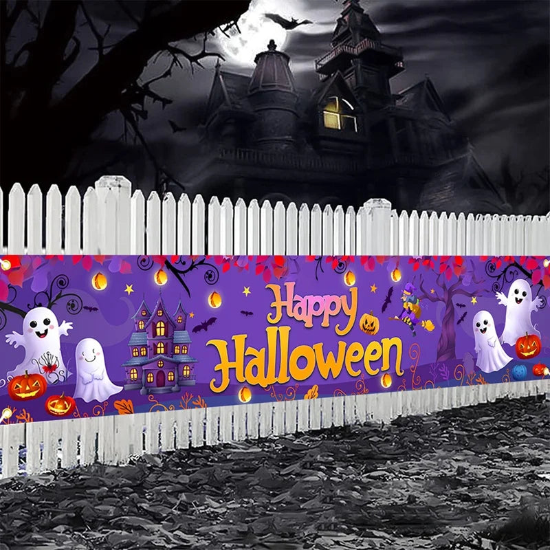 Retro Happy Halloween Banner Bloody Bat Pumpkin Ghost Print Party Backdrop Hanging Banner Halloween Party Decorations For Home