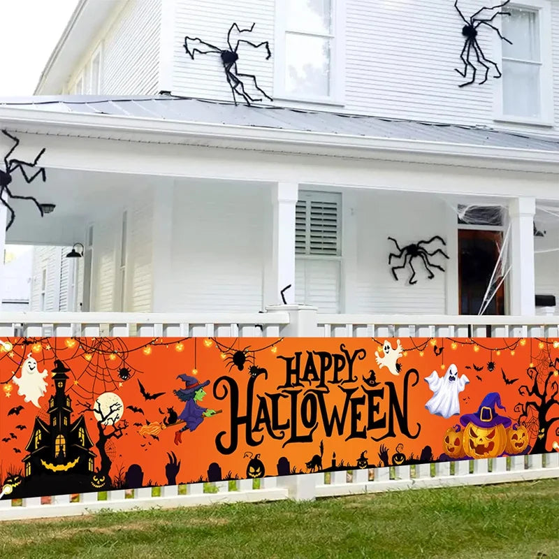 Retro Happy Halloween Banner Bloody Bat Pumpkin Ghost Print Party Backdrop Hanging Banner Halloween Party Decorations For Home