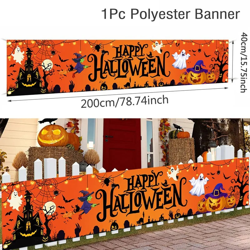 Retro Happy Halloween Banner Bloody Bat Pumpkin Ghost Print Party Backdrop Hanging Banner Halloween Party Decorations For Home