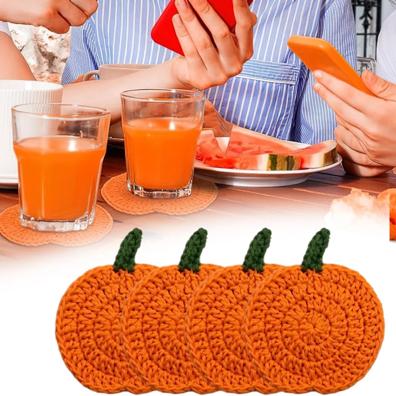 Halloween Crochet Pumpkin Coasters Autumn Thanksgiving Fabric Handmade Cup Mat Halloween Table Decor Fall Farmhouse Decoration