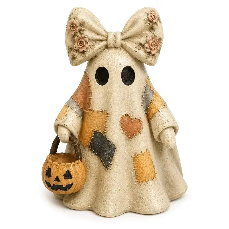 1 Piece of Vintage Patchwork Witch Hat Ghost Resin Ornament, with Pumpkin Lantern Basket, Floral Bow Statue, Rustic Autumn Gothic Style Halloween Home Decoration, Suitable for Fireplace Mantel, Shelves, Desks, Bookshelves, Di