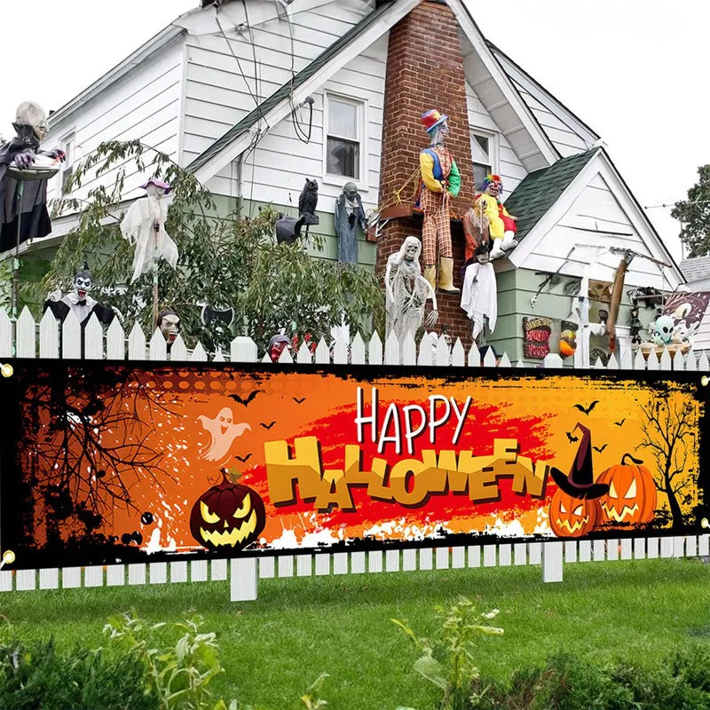 Retro Happy Halloween Banner Bloody Bat Pumpkin Ghost Print Party Backdrop Hanging Banner Halloween Party Decorations For Home