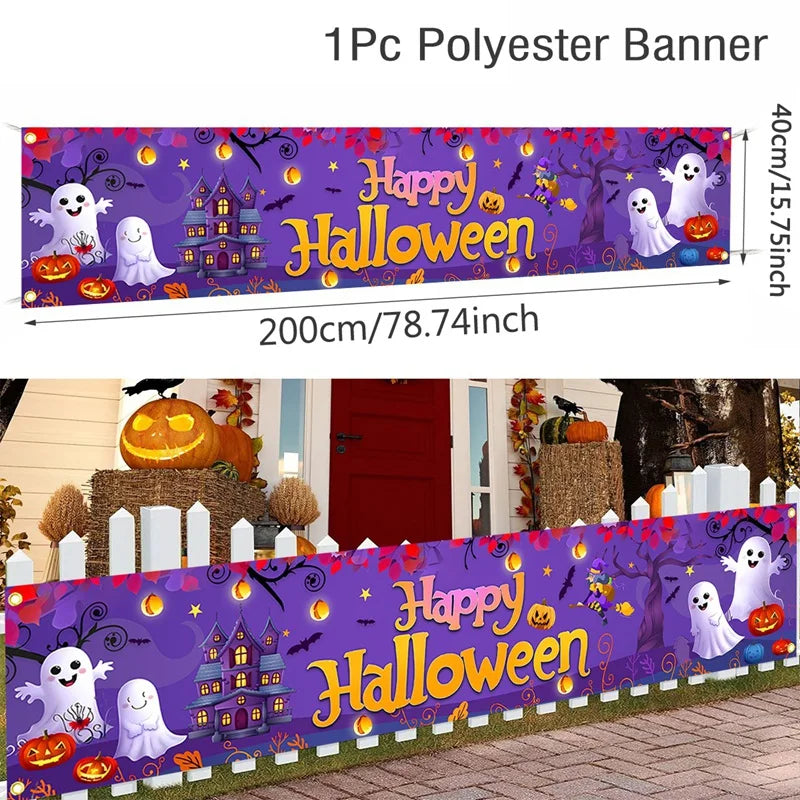 Retro Happy Halloween Banner Bloody Bat Pumpkin Ghost Print Party Backdrop Hanging Banner Halloween Party Decorations For Home
