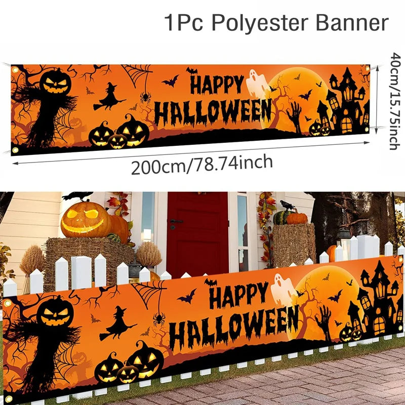 Retro Happy Halloween Banner Bloody Bat Pumpkin Ghost Print Party Backdrop Hanging Banner Halloween Party Decorations For Home