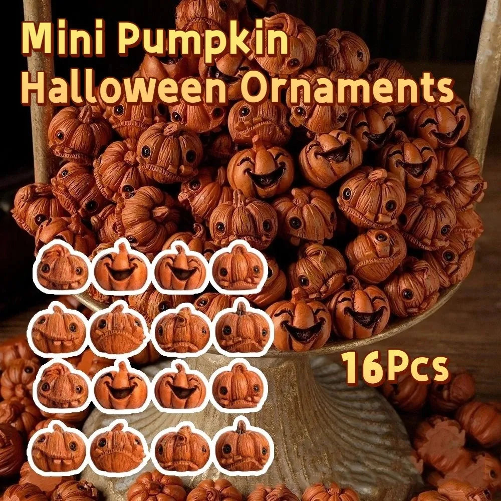 16Pcs Creative Miniature Halloween Decor Resin Gothic Style Mini Pumpkin Figurine Orange Handmade Mini Halloween Ornaments